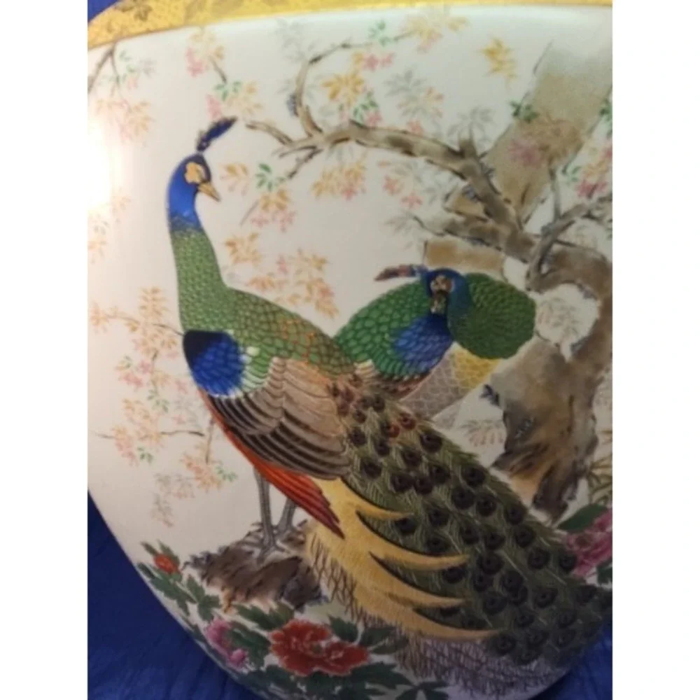 Vintage Satsuma Flat Oval Vase Peacock Floral Design Gold Trim Japanese Ceramic